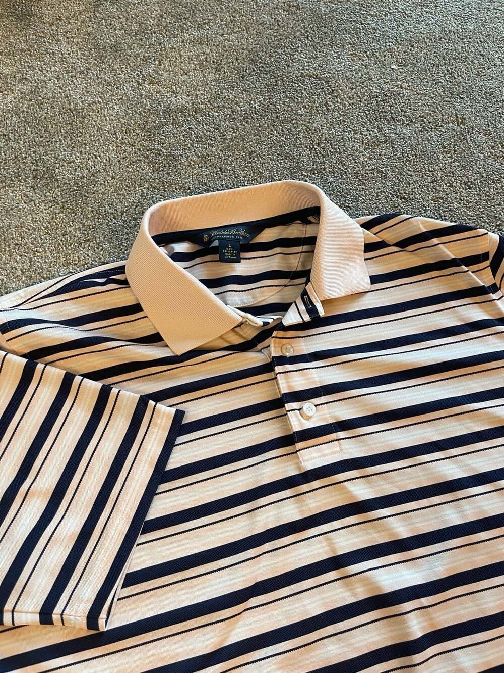 Brooks Brothers Mens Large Pink Navy Blue Striped Short Sleeve Polo Shirt